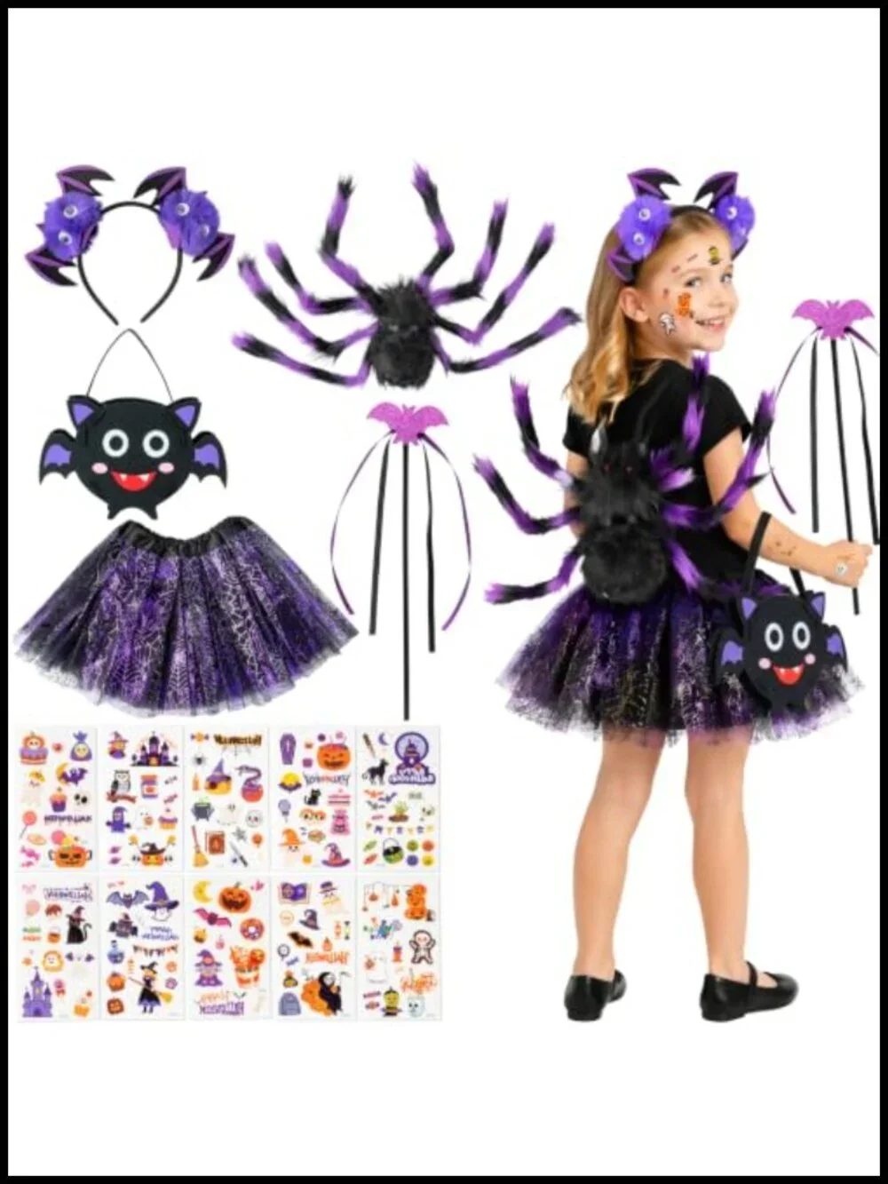 Kids Halloween Spider Costume Set Light Up Skirt Wings Headband DIY Craft